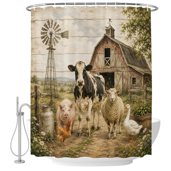 Farmhouse Shower Curtain for Bathroom, Sheep Goose Cow Pig Barn Rustic Countryside Waterproof Machine Washable Shower Curtain Set with Hooks, Bath Decoration for Home Bathtub Stall 36"x72"