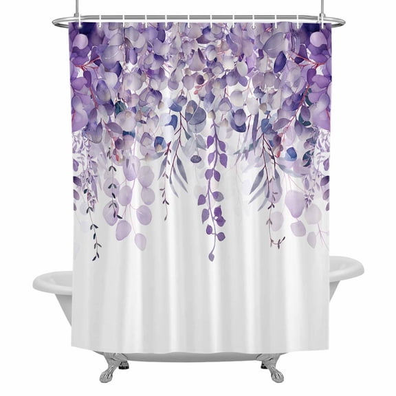 Farmhouse Shower Curtain for Bathroom, Watercolor Purple Eucalyptus Leaves Rustic Botanical Waterproof Cloth Fabric Bathroom Accessories Set with 12 Rust Proof Plastic Hooks, 72"x96"