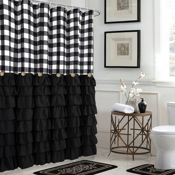 Farmhouse Shower Curtain Black and White Buffalo Plaid Pattern Fabric with Buttons & Black Ruffles 72"x72"