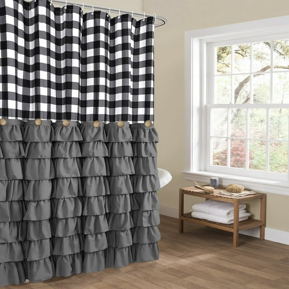Farmhouse Shower Curtain Black and White Buffalo Plaid Pattern Fabric with Buttons & Gray Ruffles 72"x72"