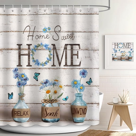 Farmhouse Shower Curtain, Blue Daisy Rustic Bathroom Decor with Waterproof Fabric, Country Style Home Sweet Home Shower Curtains for Vintage Bathroom, 72x72 Inch