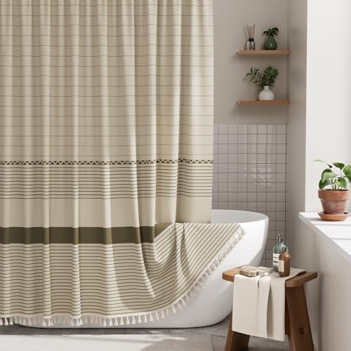 Farmhouse Shower Curtain, Brown Shower Curtain Set with Tassels, Rustic Faux Linen Brown Striped Boho Shower Curtain with Hooks, Warm Tan Toned, 72x72 Inches