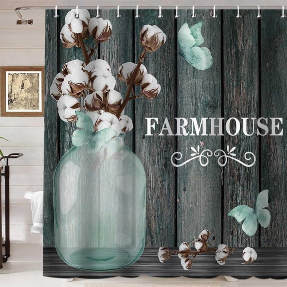 Farmhouse Shower Curtain, Cotton Flower Shower Curtain, Country Farm White Floral Teal Vase Butterfly Wooden Barn Vintage Rustic Bathroom Decor, Waterproof Fabric Shower Curtain, 72 X 72 Inch