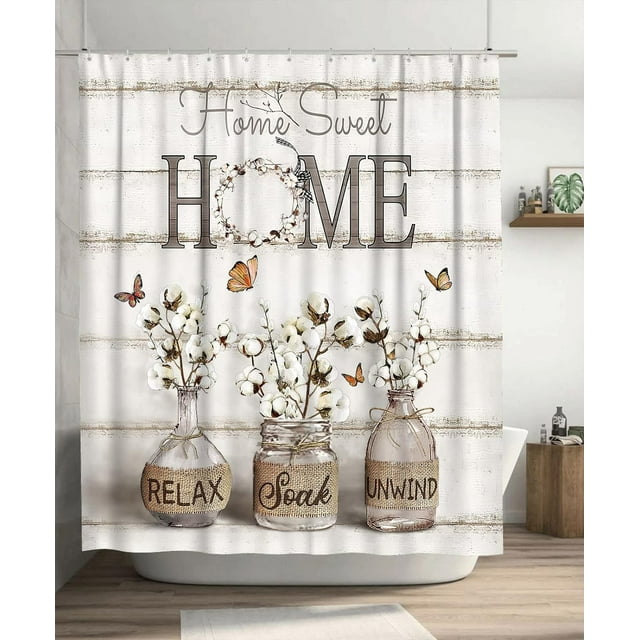 Farmhouse Shower Curtain Cotton Flowers Shower Curtains for Neutral