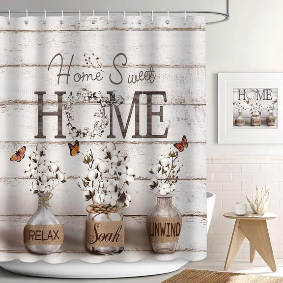 Farmhouse Shower Curtain Cotton Flowers Rustic Bathroom Decor with Waterproof Fabric, Country Style Home Sweet Home Shower Curtains for Vintage Bathroom, 72x72 Inch