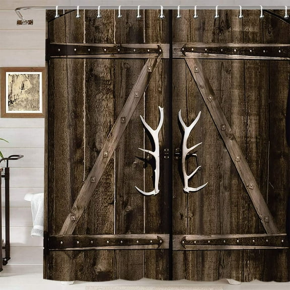 Farmhouse Shower Curtain, Country Vintage Brown Garage Gate Retro Wood Barn Door with Antler Handle Cabin Rustic Bathroom Decor for Men, Waterproof Polyester Fabric Shower Curtain 72 X 72 Inch