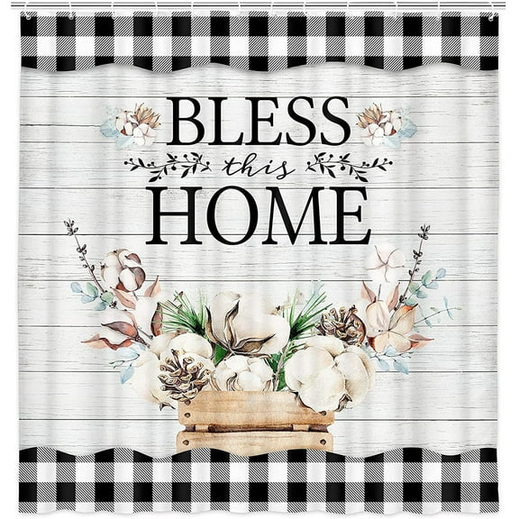 Farmhouse Shower Curtain, Farm Cotton Flower on Country Rustic Gray Wooden Plank Waterproof Fabric Shower Curtain Set, Black White Buffalo Check Plaid Bathroom Accessories Decor, Hooks Included, 70in