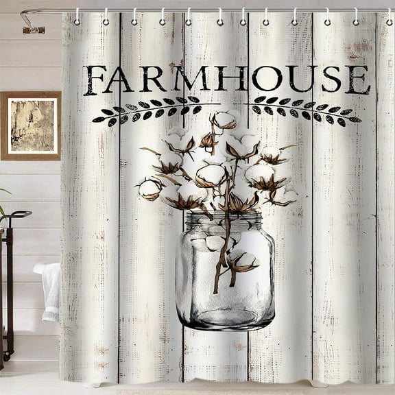 Farmhouse Shower Curtain, French Country Shabby Chic Spring Floral White Cotton Flower in Jar Vintage Barn Wood Rustic Bathroom Decor, Waterproof Fabric Shower Curtain, 72 X 72 Inch, Leaves