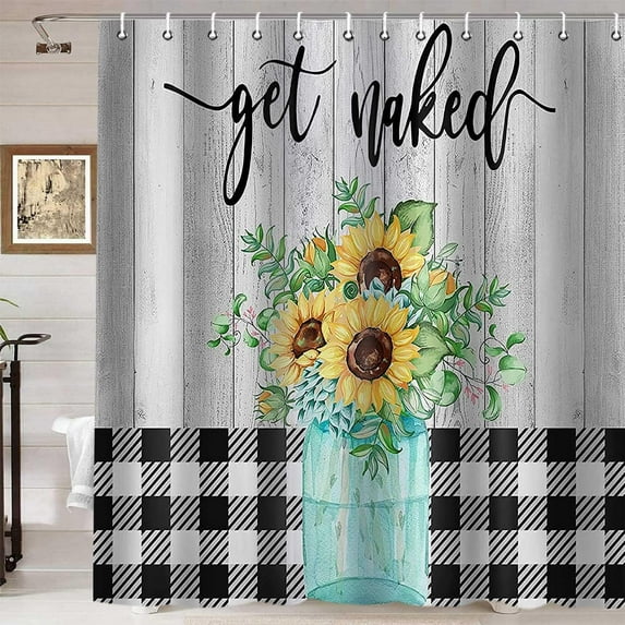 Farmhouse Shower Curtain, Funny Quotes Country Black and White Buffalo Plaid Check Sunflower Yellow Floral Plant Rustic Bathroom Decor, Waterproof Fabric Shower Curtain Set, 72 X 72 Inch