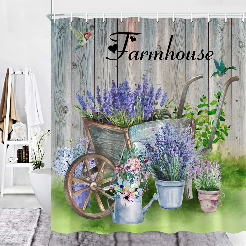 Farmhouse Shower Curtain Garden Purple Lavender Potted Flower Rustic