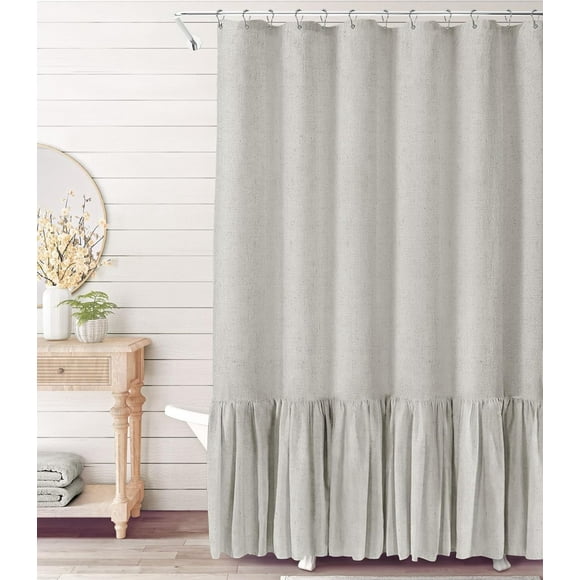 NixiYa Farmhouse Shower Curtain Gray Ruffle Linen Shower Curtain for Bathroom 72"x72"