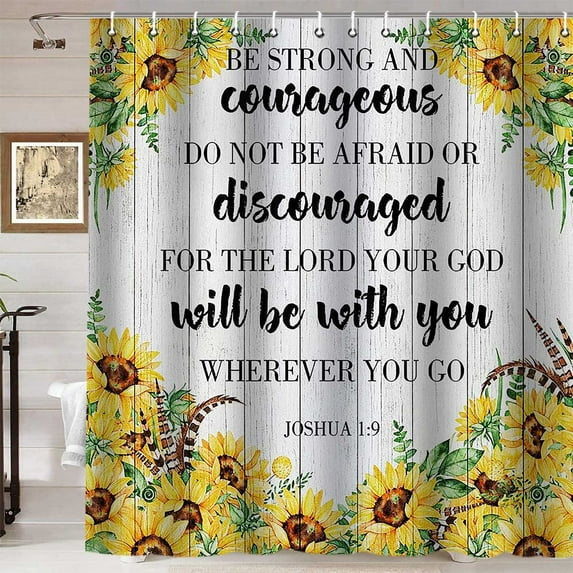 Farmhouse Shower Curtain, Inspirational Quotes Pheasant Tails Feather Country Sunflower Yellow Floral Green Leaves Rustic Bathroom Decor, Waterproof Fabric Shower Curtain Set, 72 X 72 Inch