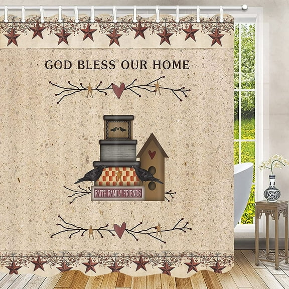 Farmhouse Shower Curtain, Primitive Shower Curtain Pip Berry Birdhouse Western Shower Curtain Rustic Primitive Country Birdhouse Shower Curtain Bathroom Accessories with Hooks, 72X72 Inch