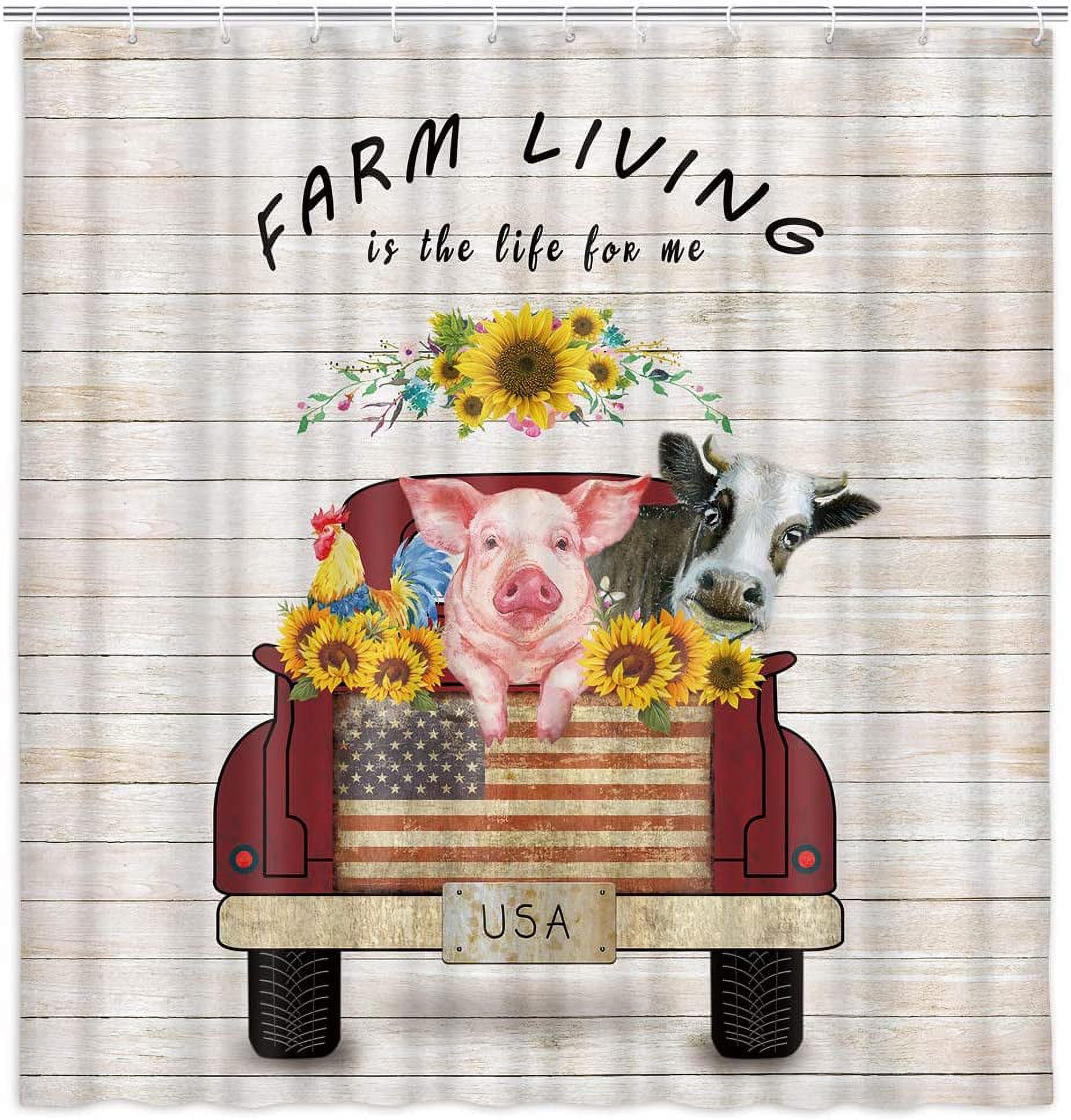 Farmhouse Shower Curtain, Red Truck Pull Sunflower Cute Cow Pig Cock Floral on Vintage Rustic