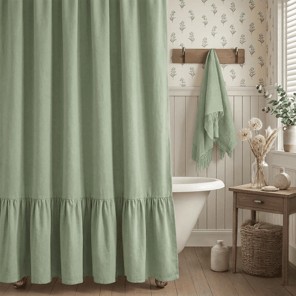 NixiYa Farmhouse Shower Curtain Ruffle Linen Shower Curtain for Bathroom 72"x72" Green