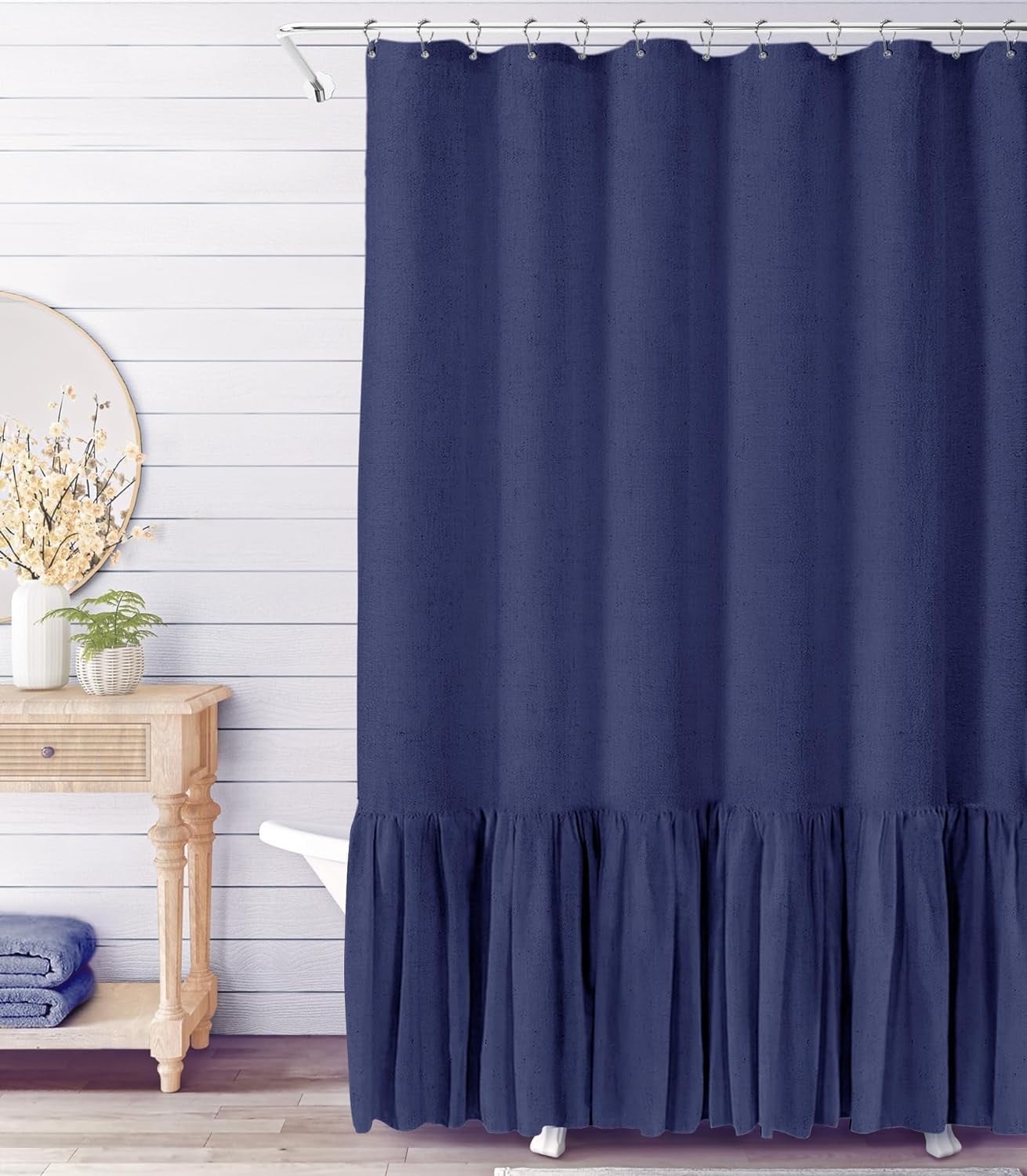 NixiYa Farmhouse Shower Curtain Ruffle Linen Shower Curtain for Bathroom Navy 72"x72"