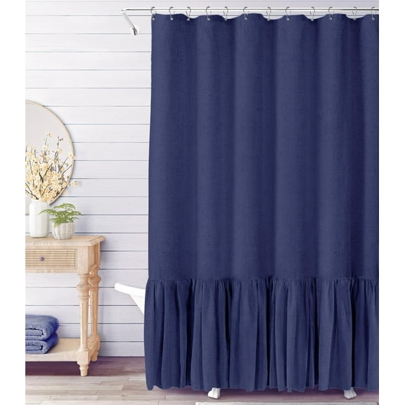 NixiYa Farmhouse Shower Curtain Ruffle Linen Shower Curtain for Bathroom Navy 72"x72"