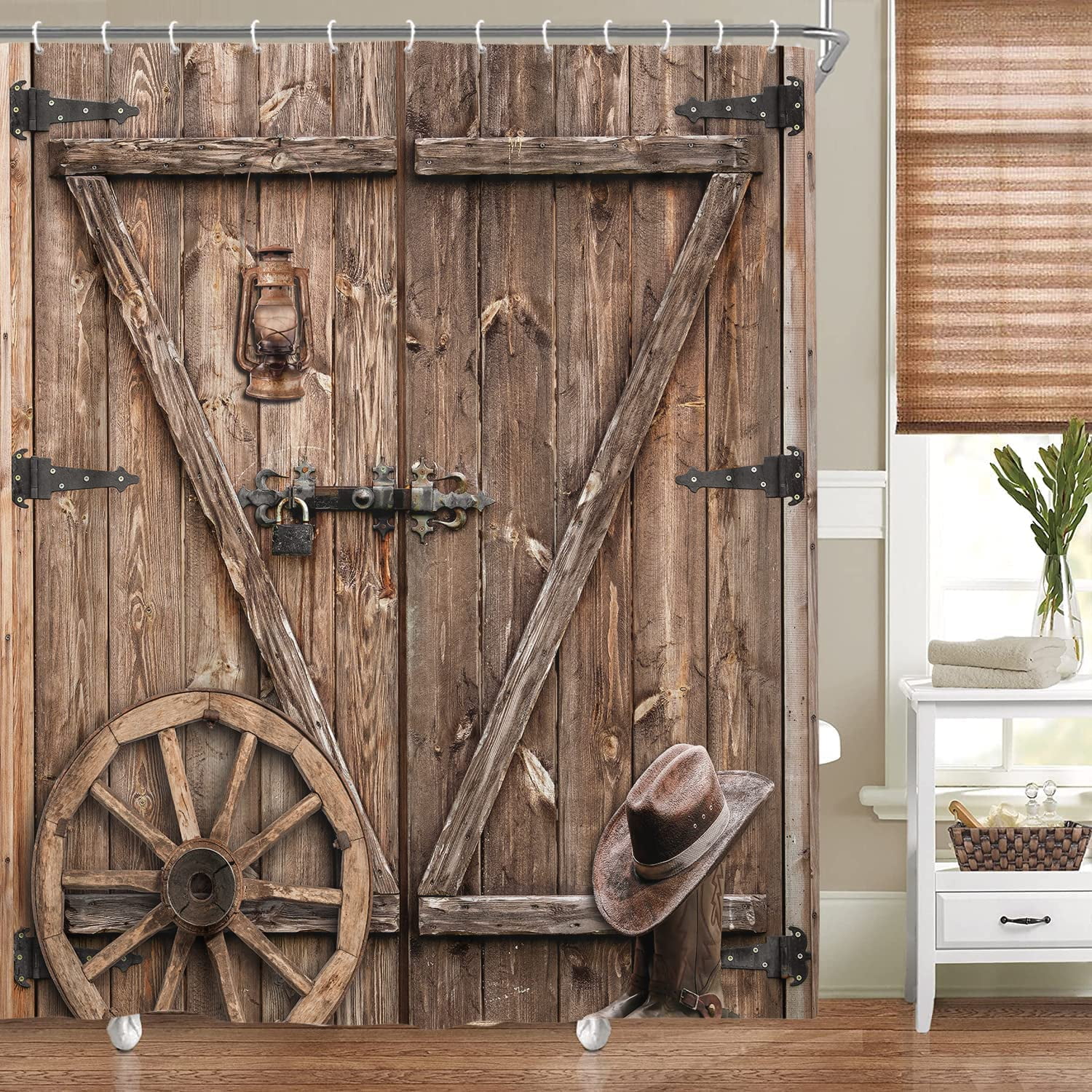Farmhouse Shower Curtain, Rustic Barn Door, Western Wood Wheel, 70X70IN