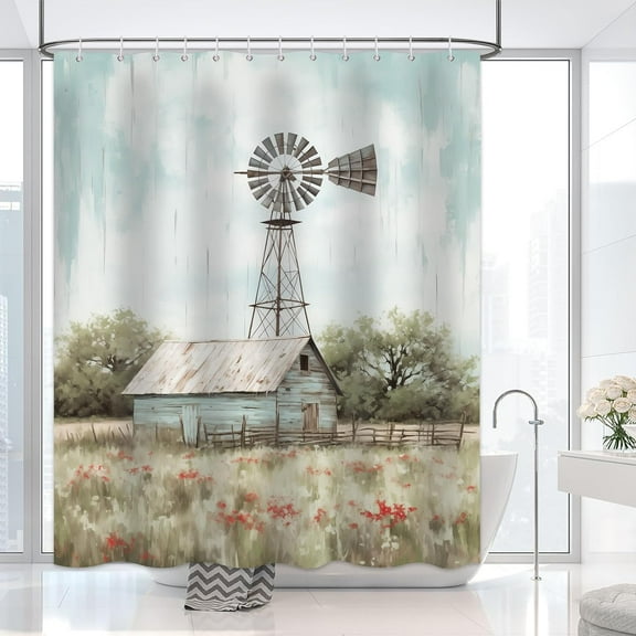 Farmhouse Shower Curtain, Rustic Shower Curtain, Retro Windmill Farm Western Barn Shower Curtain Set Waterproof Bath Curtain Bathroom Decor with 12 Hooks, 72x72 inches