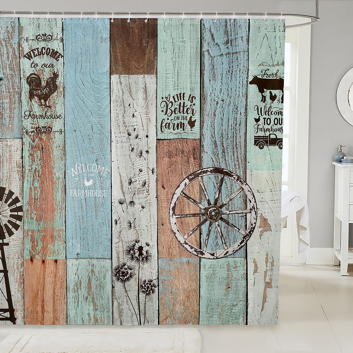 Farmhouse Shower Curtain, Rustic Windmill Bathtub Shower Curtain Vintage Country Western Bath