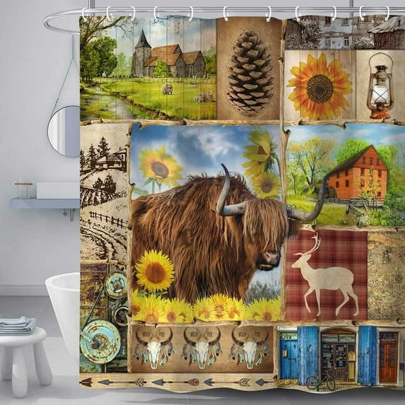 Farmhouse Shower Curtain Set, Rustic Cabin Vintage Buffalo Plaid Highland Cow Deer Elk Moose Farm Animal Wildlife Sunflower Barn Lodge Country Rustic Bathroom Decor, 72X72in