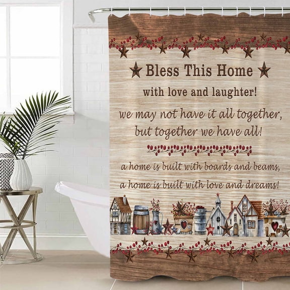 Farmhouse Shower Curtain Set, Waterproof Shower Curtains for Bathroom, Brown Country Star Berry Vintage Wood Grain Washable Fabric Cloth Bath Curtain for Bathtub Decoration with Hooks 54x78 Inches
