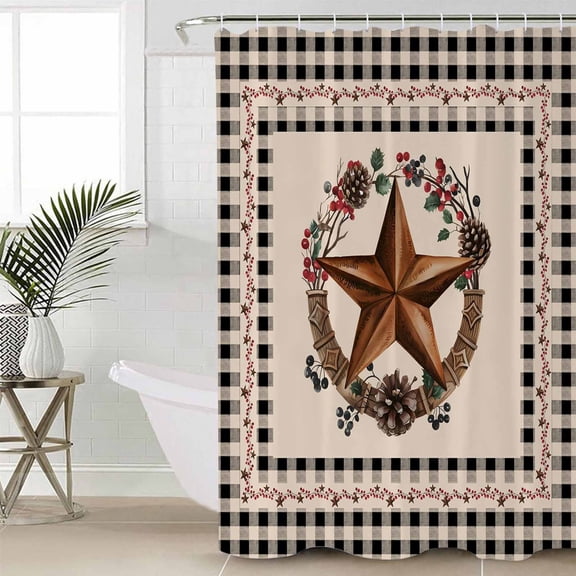 Farmhouse Shower Curtain Set, Waterproof Shower Curtains for Bathroom, Country Star Berry Plaid Lodge Grey Brown Washable Fabric Cloth Bath Curtain for Bathtub Decoration with Hooks 60x72 Inches
