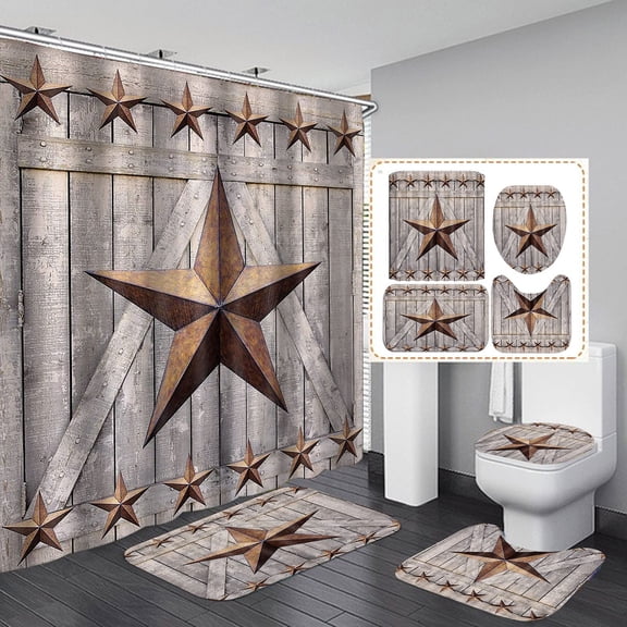 Farmhouse Shower Curtain Sets Patriotic American Flag Barn Star Vintage Brown Rustic Wood Planks Country Western Bathroom Decor