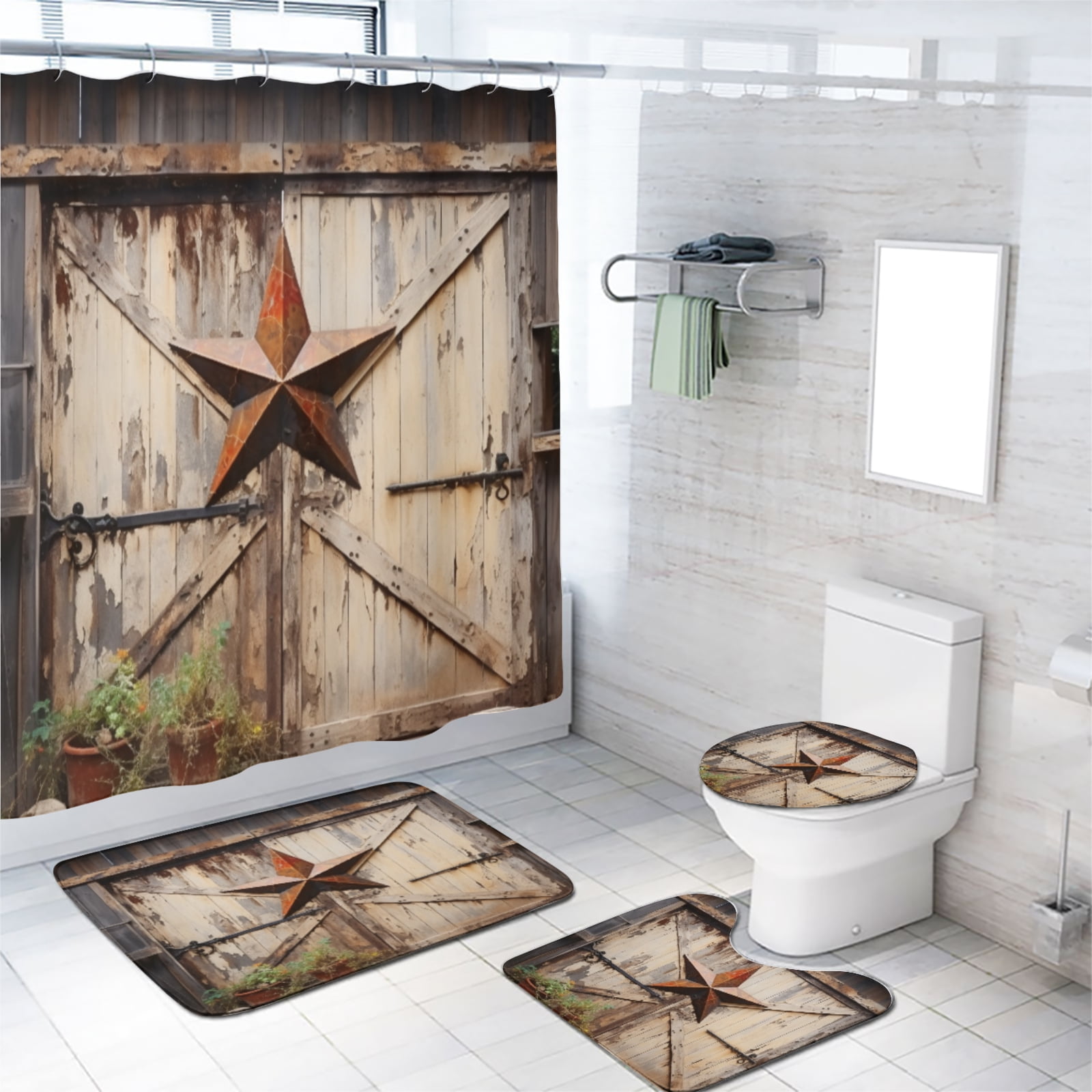 Farmhouse Shower Curtain Sets with Rugs 4 Piece Rustic Wooden Barn Door ...