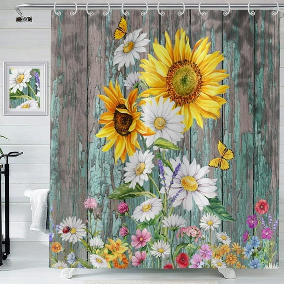 Farmhouse Shower Curtain, Spring Rustic Sunflower Daisy Wildflowers Butterflies Wooded Bathroom Curtain Waterproof Fabric Machine Washable with Hooks, 72" Wx72 L
