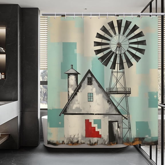 Farmhouse Shower Curtain Windmill Shower Curtain Country Barn Farm Vintage Western Bathroom Shower Curtain Rustic Shower Curtain Set Decor with 12Hooks 72x72inch (B)