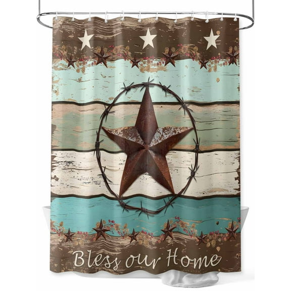Farmhouse Shower Curtain, Wood Texture Barn Star Bathroom Decor Curtains Set with Hooks, Brown Turquoise Waterproof Fabric Home Accessories， 72 X 78 Inch Long