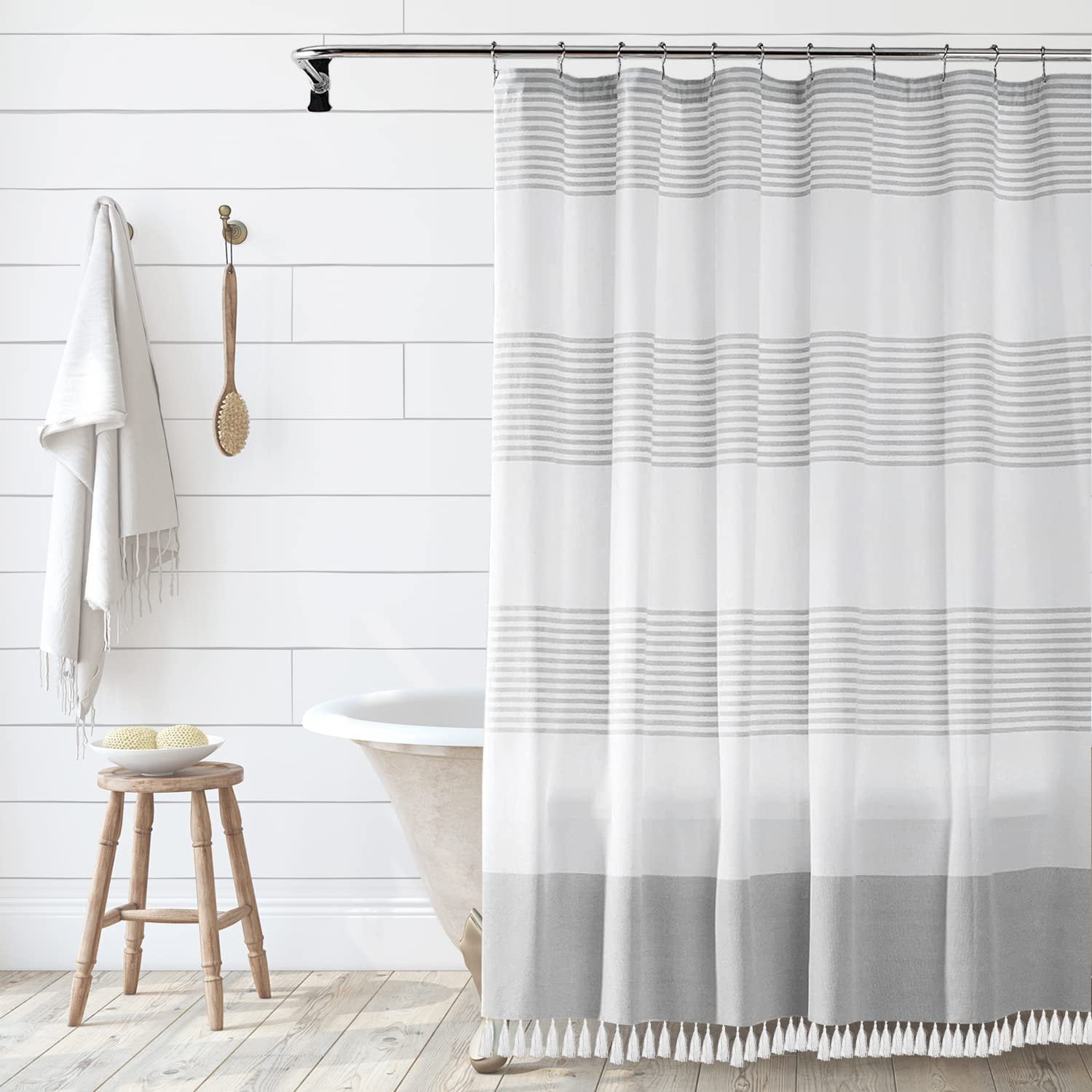 Farmhouse Shower Curtain for Bathroom with Striped Tassel Modern Boho Fabric Waterproof 72x84 Grey