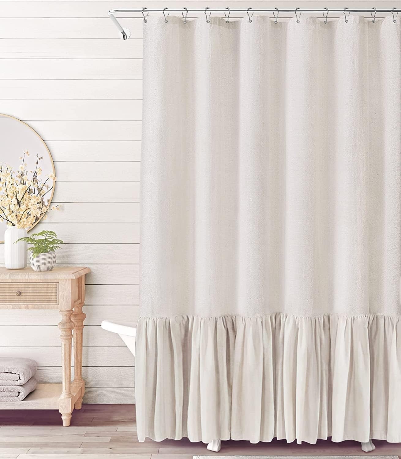 Psoiuetr Farmhouse Shower Curtain with A Ruffle Hem Beige Linen Shower Curtain for Bathroom 72"x72"