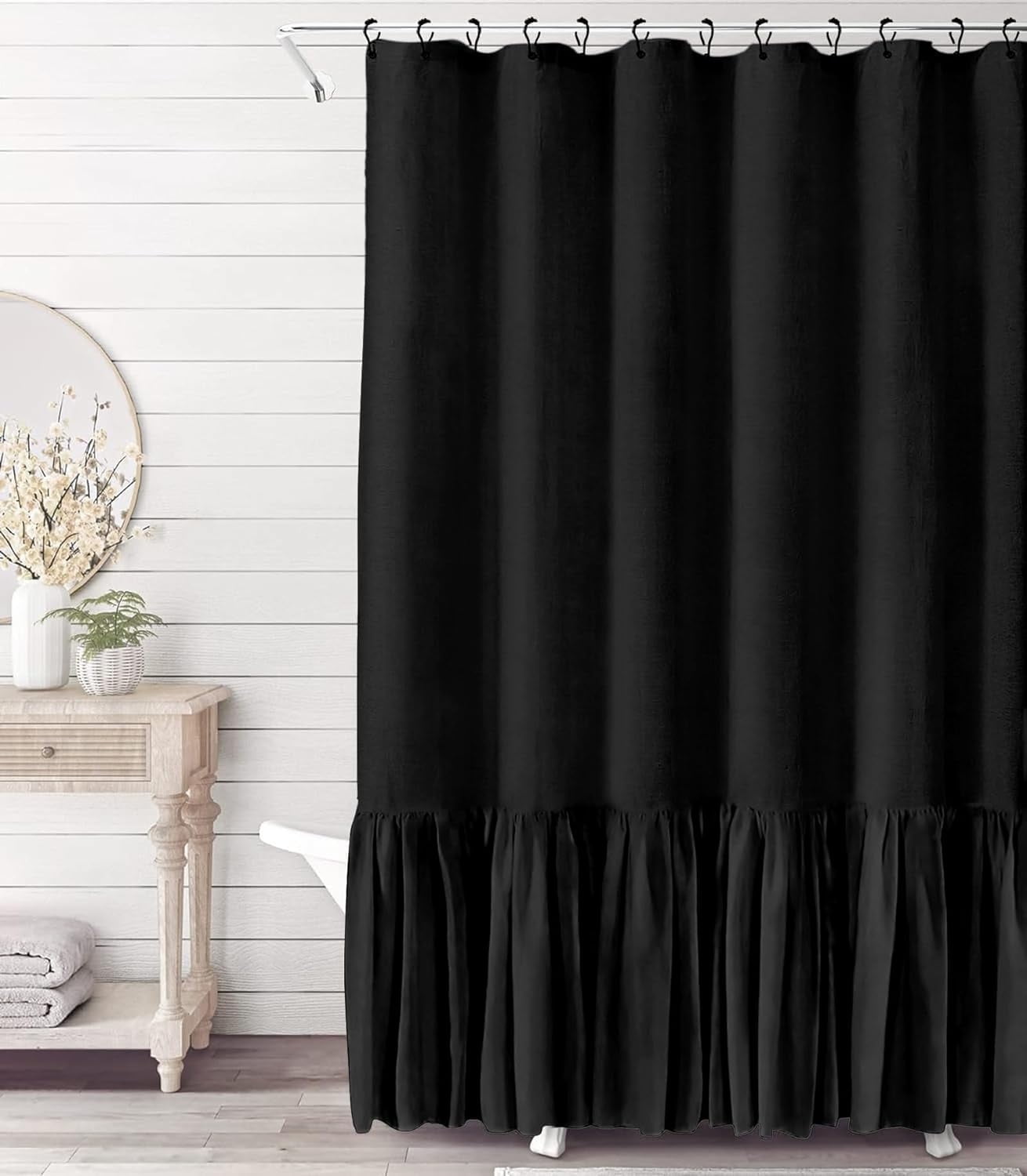 Psoiuetr Farmhouse Shower Curtain with A Ruffle Hem Black Linen Shower Curtain for Bathroom 72"x72"