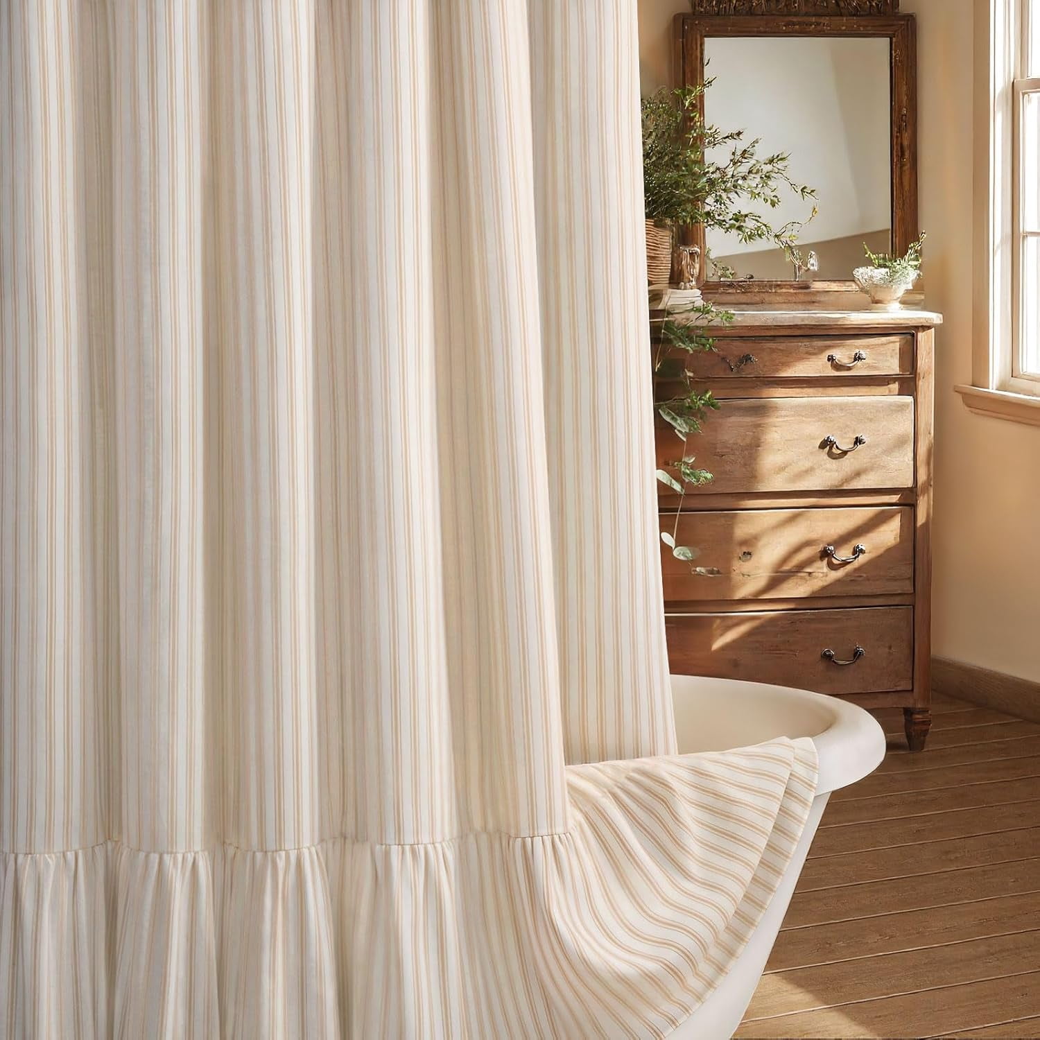 Farmhouse Shower Curtain with Ruffle Hem Linen Shower Curtains for Bathroom Country Vintage Rustic Natural Fabric, Cream-Beige Stripe 72" W x 72" L