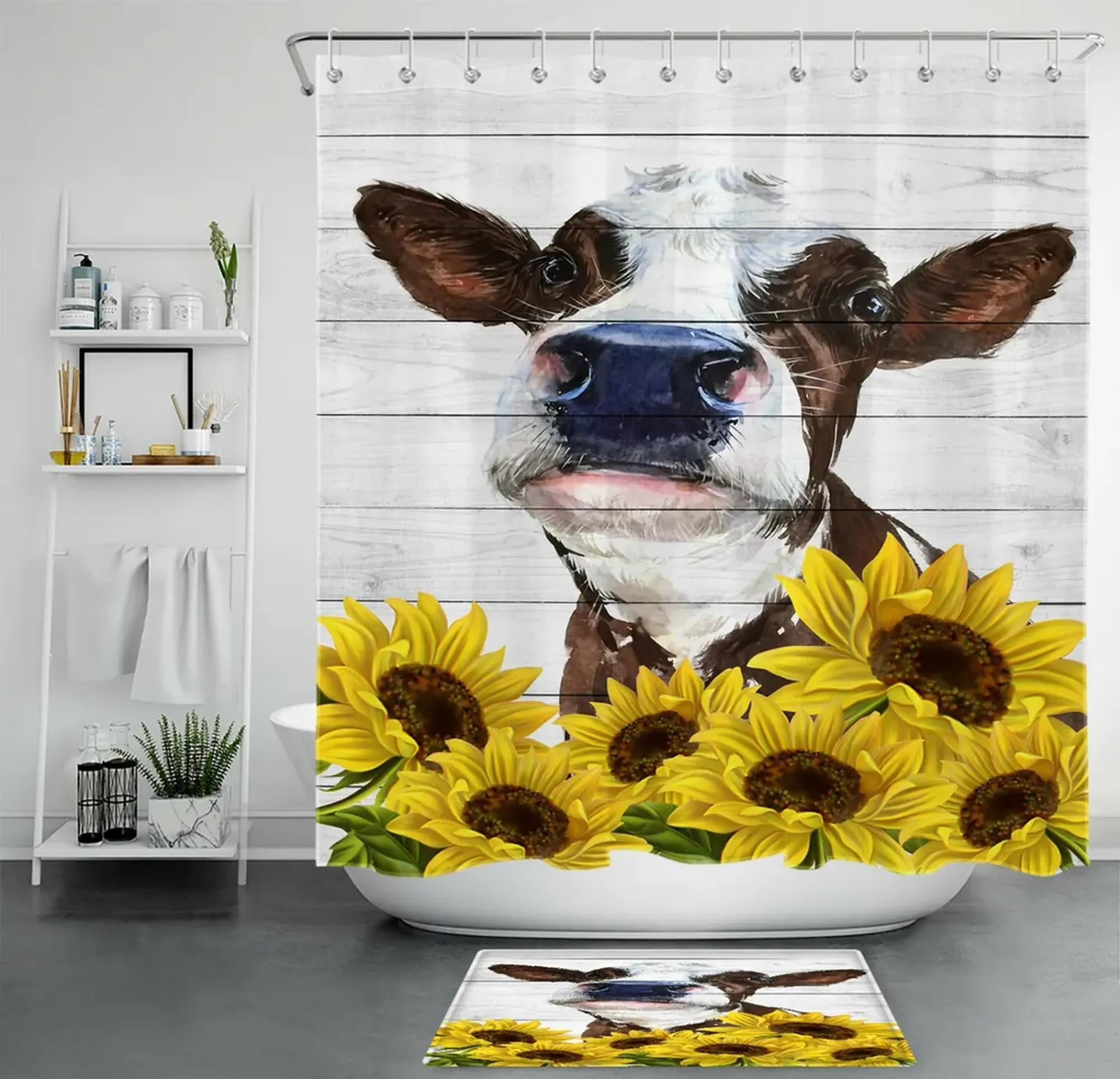 Farmhouse Shower Curtain with Sunflowers, Cows, and Rustic Planks