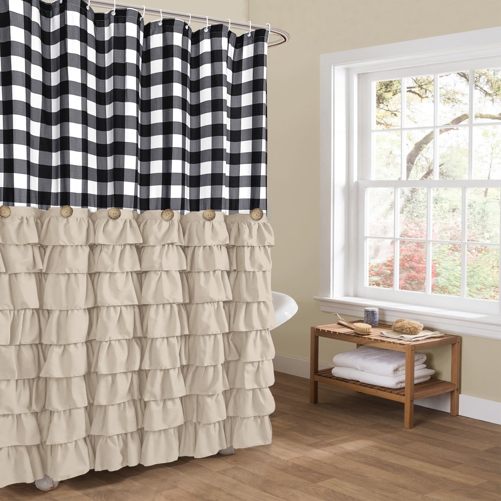 Farmhouse Shower Curtains Black and White Buffalo Plaid Pattern Fabric with Buttons & Brown Ruffles 72"x72"