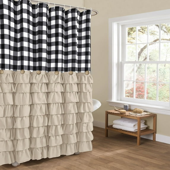 Farmhouse Shower Curtains Black and White Buffalo Plaid Pattern Fabric with Buttons & Brown Ruffles 72"x72"