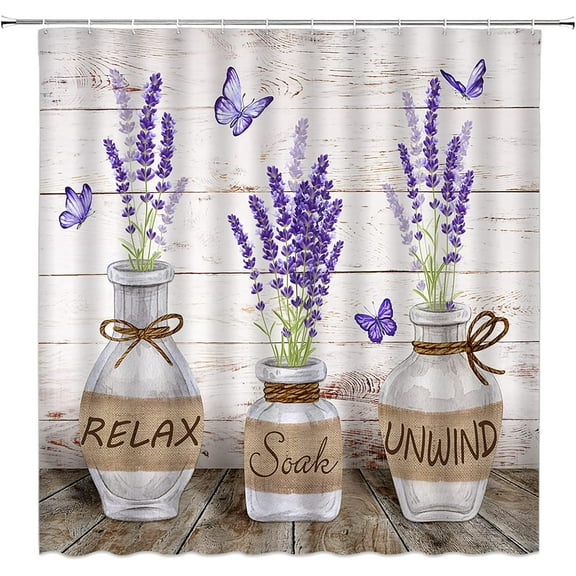 Farmhouse Shower Curtains Purple Lavender Rustic Flower Butterfly Fabric Bathroom Curtains Decor Set with Hook(72" WX72 H)