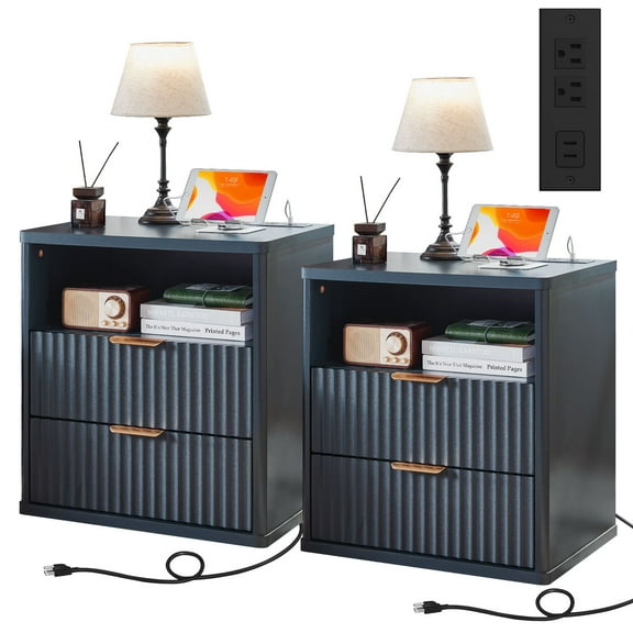 Farmhouse Side Table Bedroom Set of 2, Nightstand with Charging Station, End Table Side Table for Bedroom,Living Room - Blue