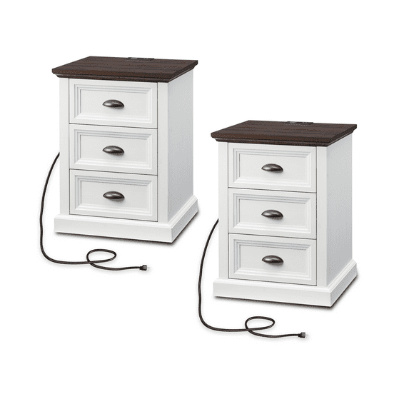 Farmhouse Side Table Bedroom Set of 2, Nightstand with Charging Station, End Table Side Table for Bedroom,Living Room