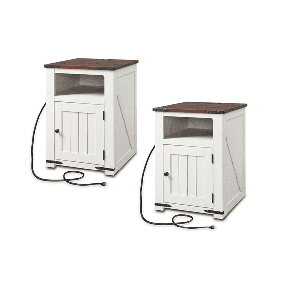 Farmhouse Side Table Bedroom Set of 2, Nightstand with Charging Station, End Table Side Table for Bedroom,Living Room