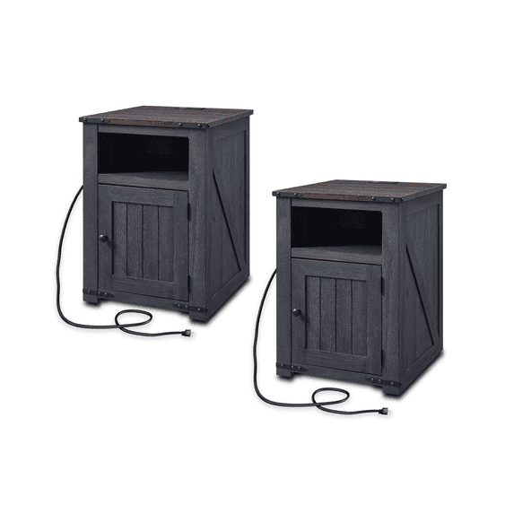 Farmhouse Side Table Bedroom Set of 2, Nightstand with Charging Station, End Table Side Table for Bedroom,Living Room