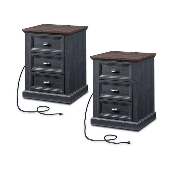 Farmhouse Side Table Bedroom Set of 2, Nightstand with Charging Station, End Table Side Table for Bedroom,Living Room