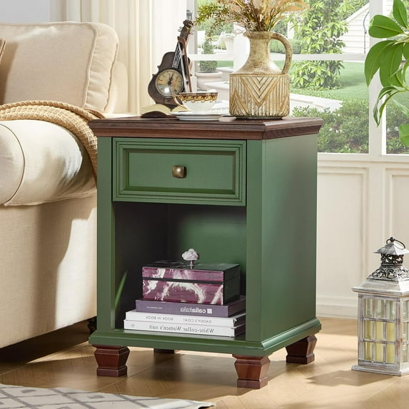 Farmhouse Side Table with Charging Station, Rustic Wood End Table with Drawer, Small Nightstand with Open Shelf for Bedroom, End Tables for Living Room, Green