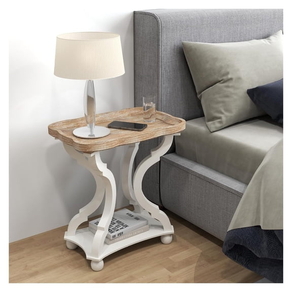 Farmhouse Side Table - Rustic End Table with an Open Shelf & Raised Edge, Accent Table with Distressed White Finish and Solid Wood Legs - Perfect for Living Room, Bedroom, Entryway, White
