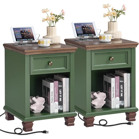 Farmhouse Side Table Set of 2 with Charging Station, Rustic Wood End Table with Drawer, Small Nightstands with Open Shelf, End Tables for Living Room, Green