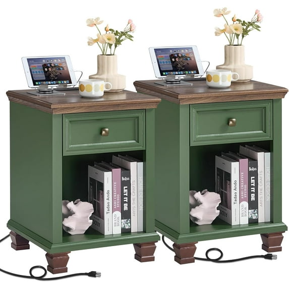 Farmhouse Side Table Set of 2 with Charging Station, Rustic Wood End Table with Drawer, Small Nightstands with Open Shelf, End Tables for Living Room, Green