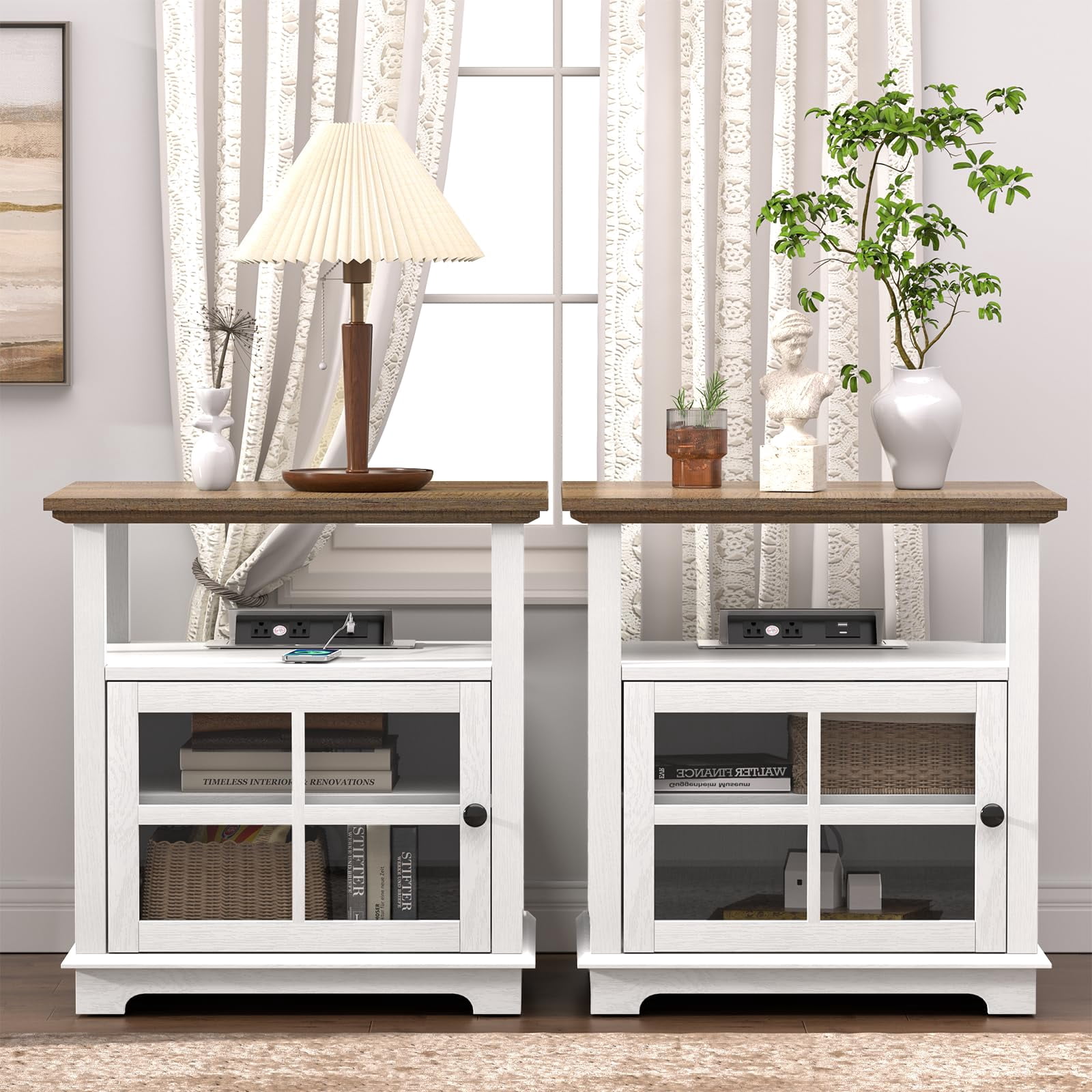 Farmhouse Side Table Set of 2 with Charging Station, Rustic Wood End ...
